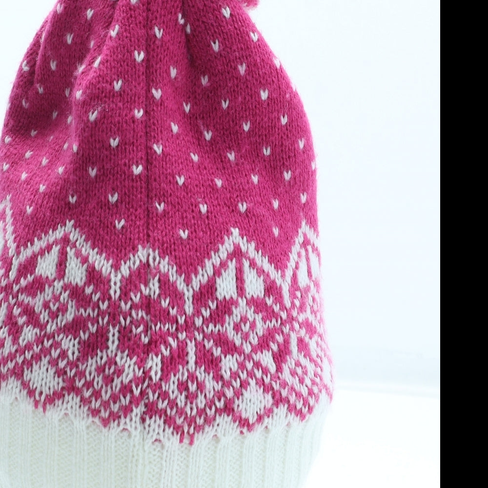 Preworn Girls Pink Fair Isle Acrylic Bobble Hat Size S