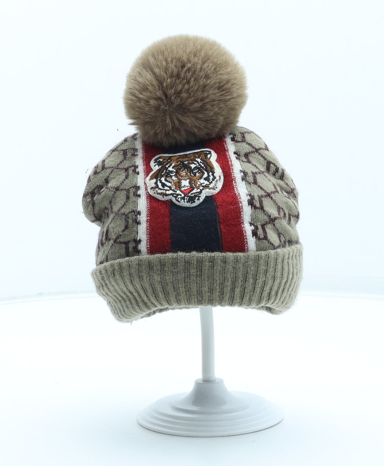 River Island Boys Beige Geometric Acrylic Winter Hat Size S - Tiger