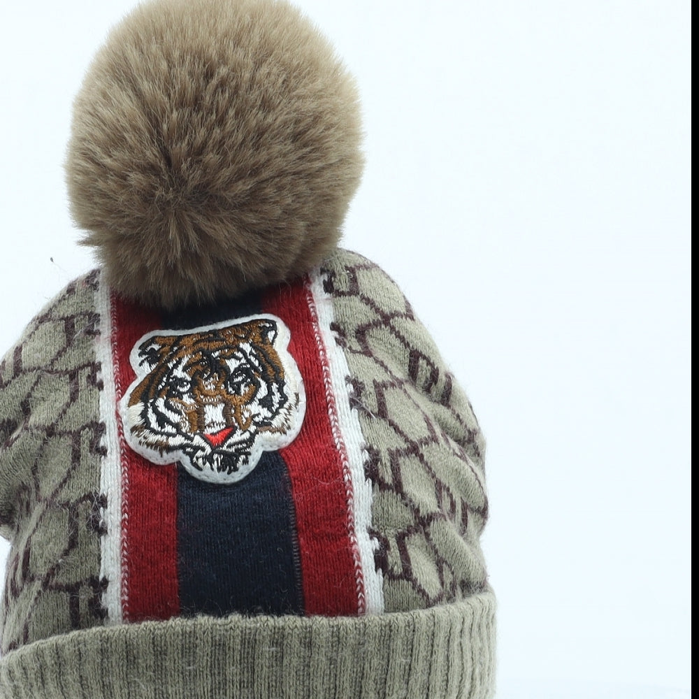 River Island Boys Beige Geometric Acrylic Winter Hat Size S - Tiger