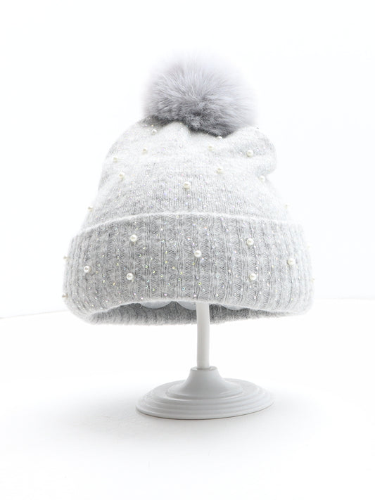 F&F Girls Grey Acrylic Bobble Hat One Size - UK Size 7-10 Years