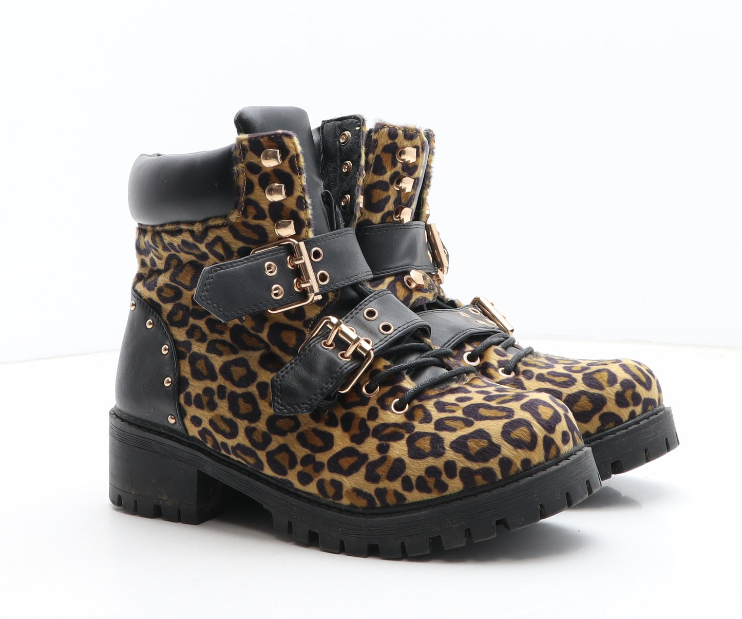 Vera Moda Womens Brown Animal Print Synthetic Biker Boot UK - Leopard Pattern