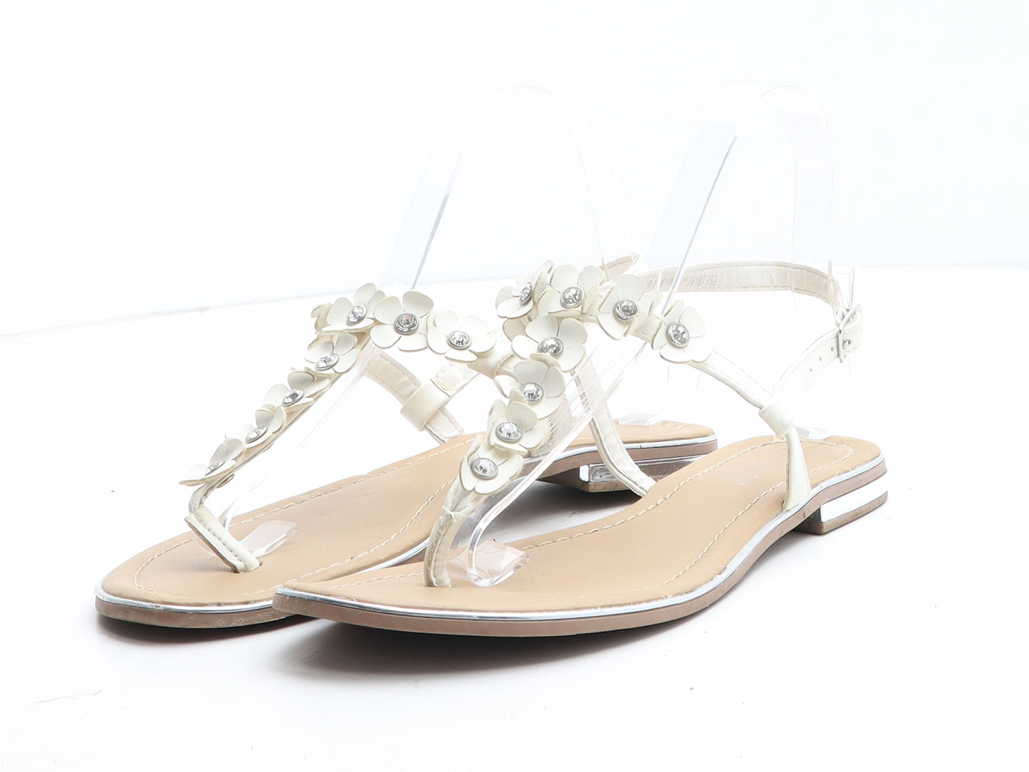 Primark Womens White Floral Synthetic Thong Sandal UK