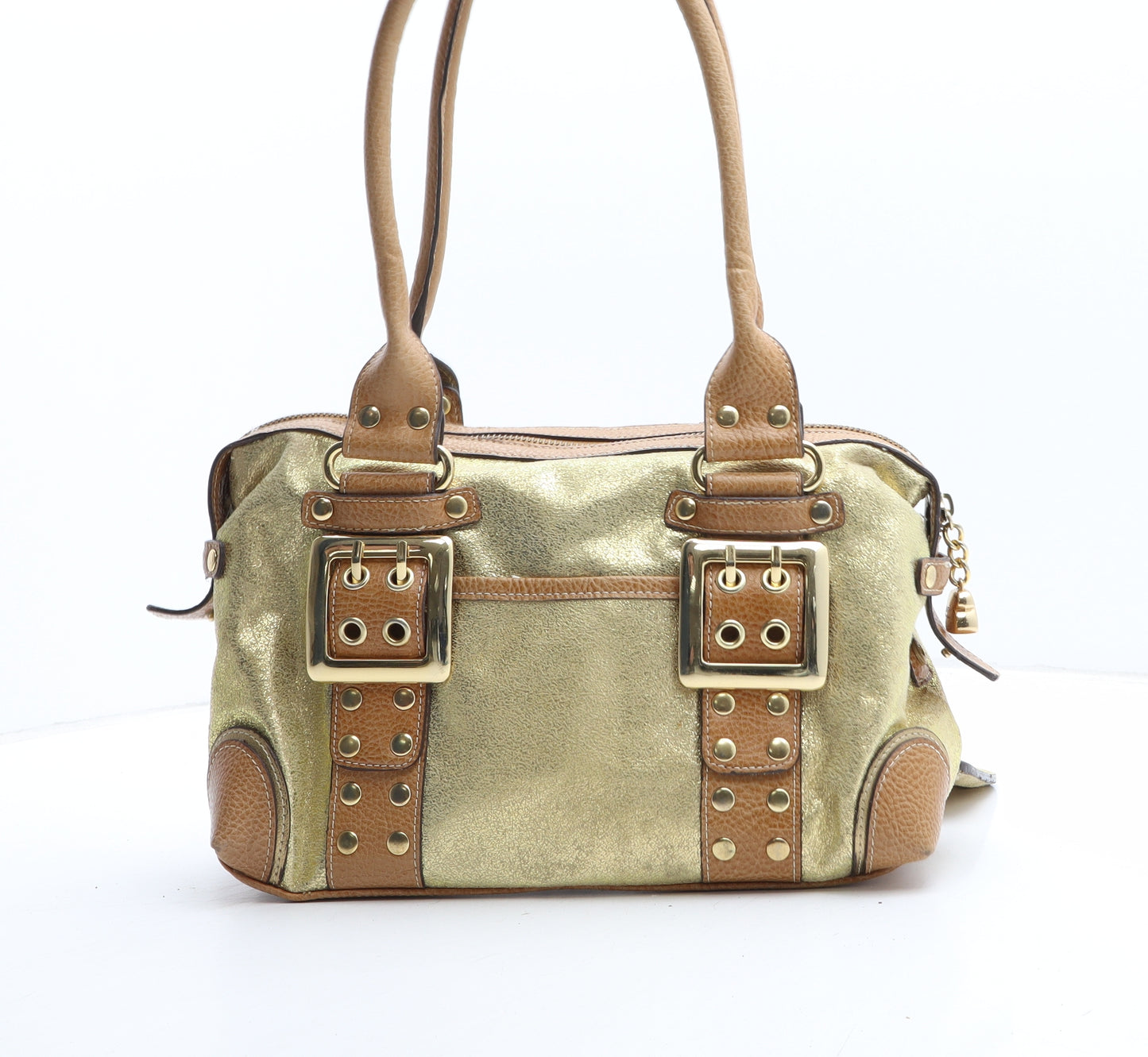 Kathy Womens Gold Colorblock Polyurethane Top Handle Bag Size Small