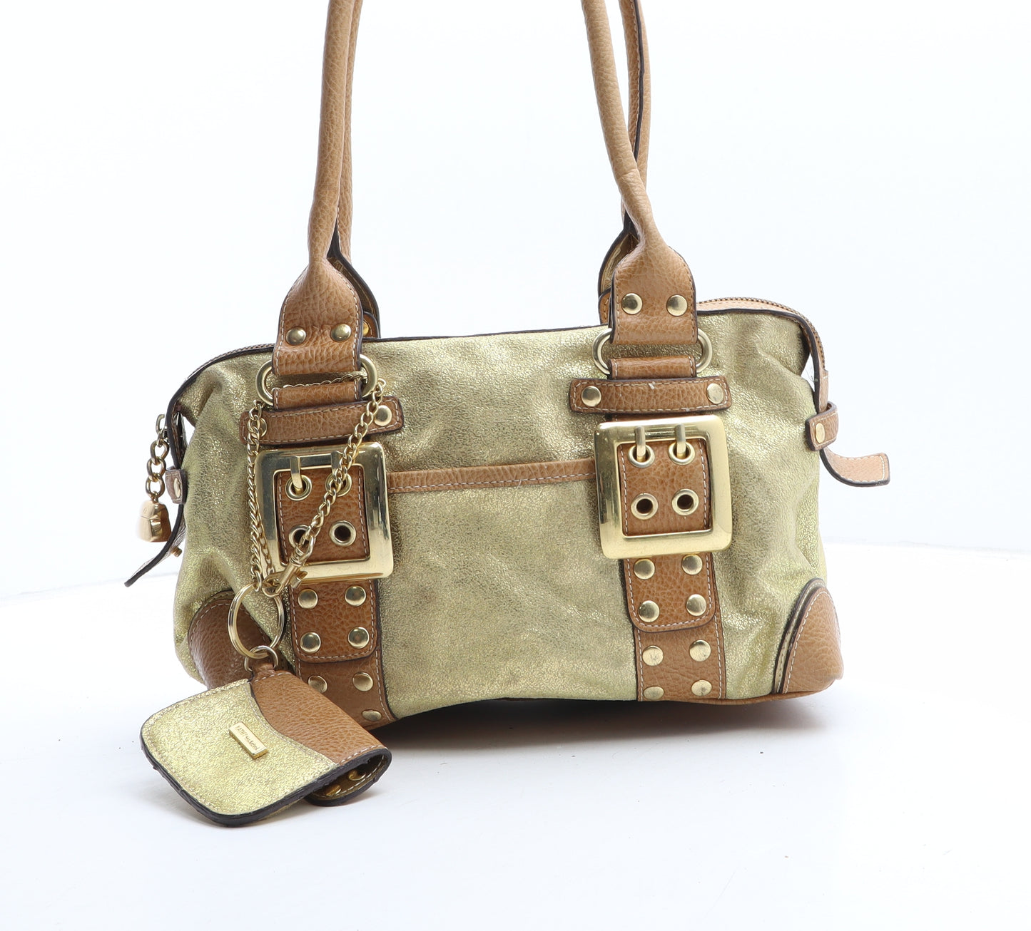 Kathy Womens Gold Colorblock Polyurethane Top Handle Bag Size Small