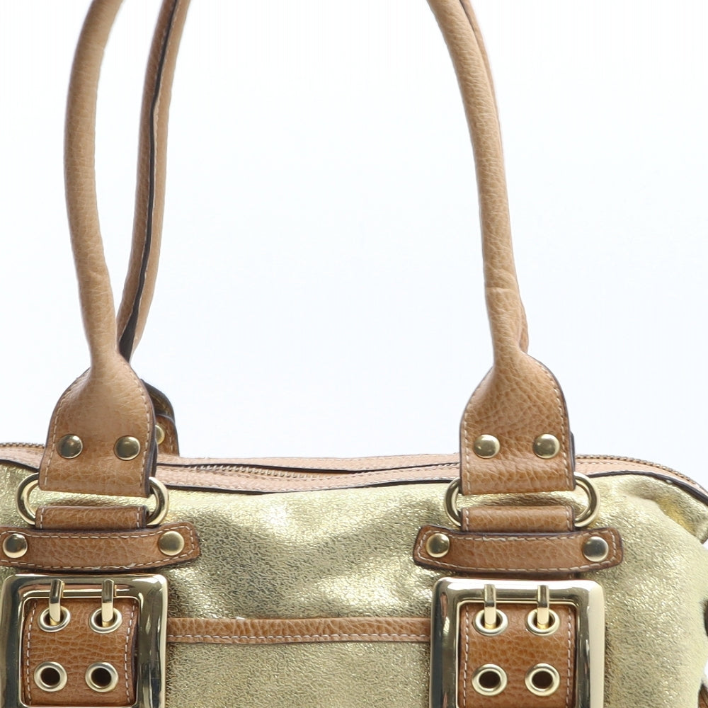Kathy Womens Gold Colorblock Polyurethane Top Handle Bag Size Small