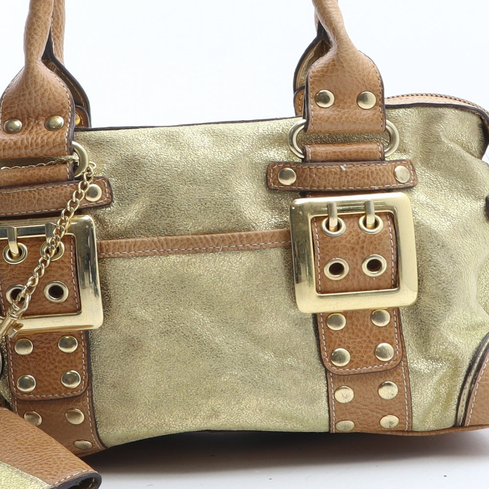 Kathy Womens Gold Colorblock Polyurethane Top Handle Bag Size Small
