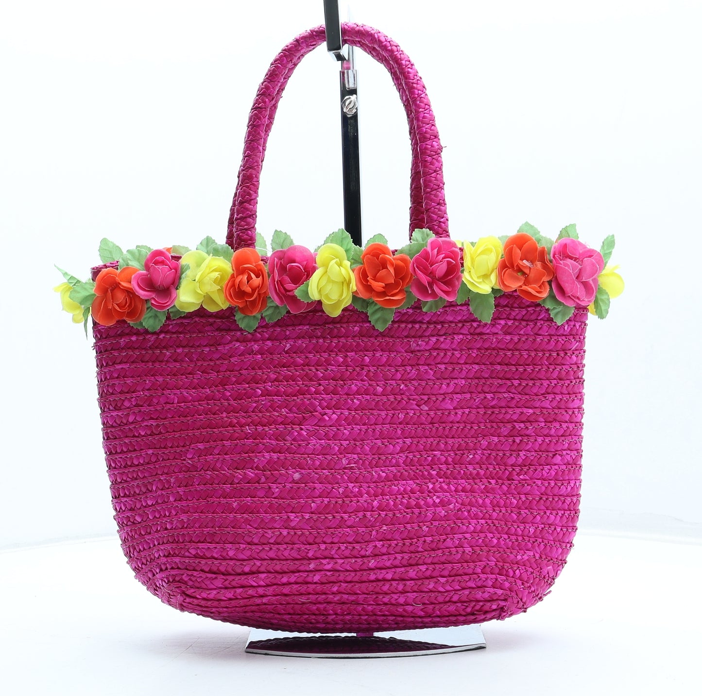 Preworn Womens Pink Floral Straw Top Handle Bag Size Medium
