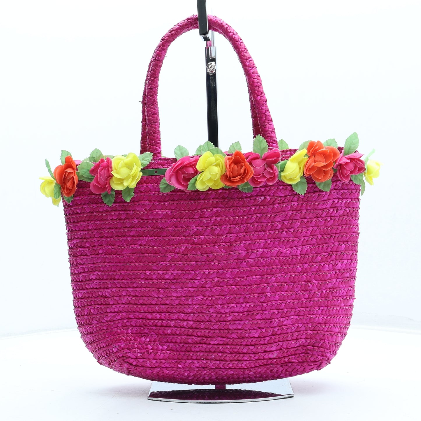 Preworn Womens Pink Floral Straw Top Handle Bag Size Medium