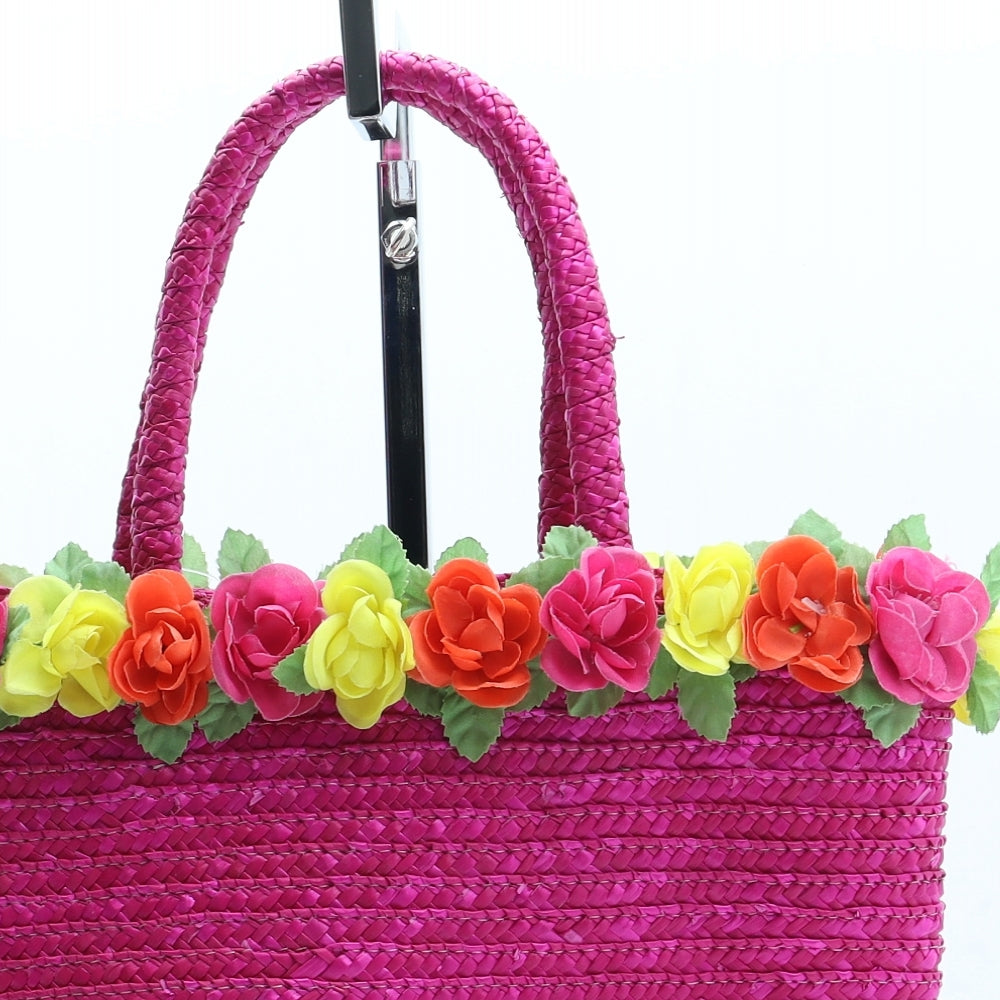 Preworn Womens Pink Floral Straw Top Handle Bag Size Medium