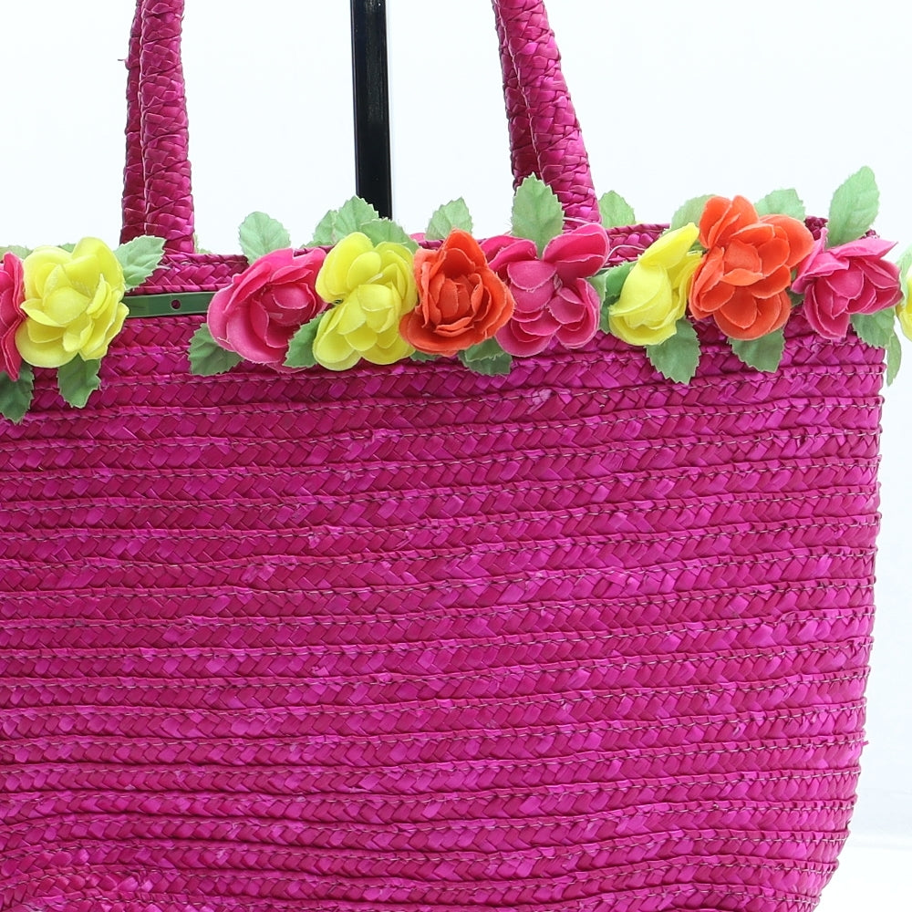 Preworn Womens Pink Floral Straw Top Handle Bag Size Medium