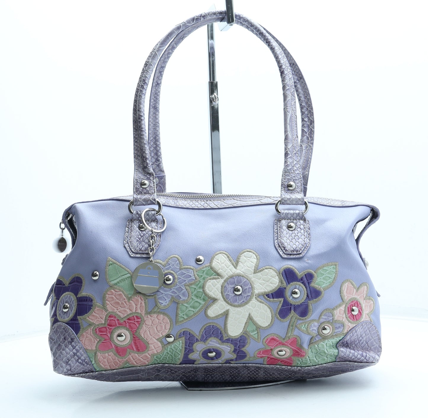 Preworn Womens Purple Floral Polyurethane Top Handle Bag Size Medium