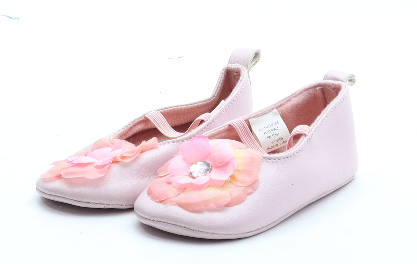 Preworn Girls Pink Polyester Mary Jane Flat UK 6-12 Months - Flower Detail
