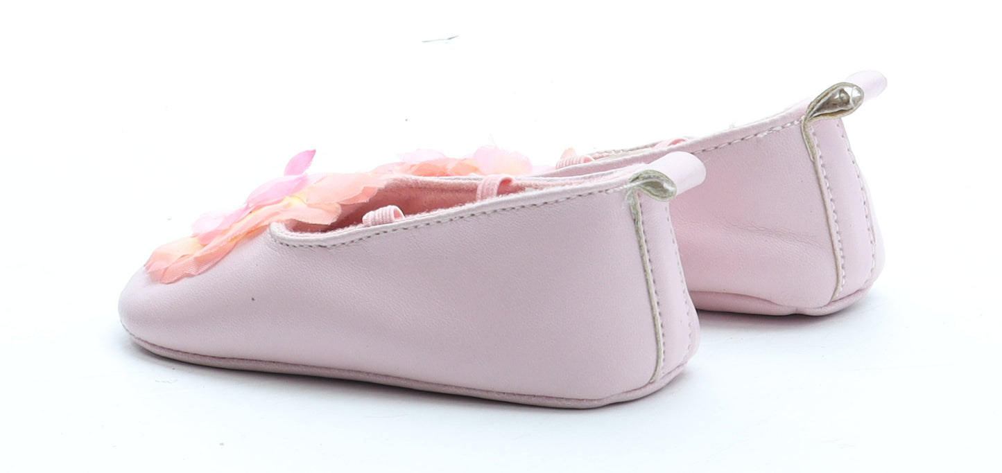 Preworn Girls Pink Polyester Mary Jane Flat UK 6-12 Months - Flower Detail