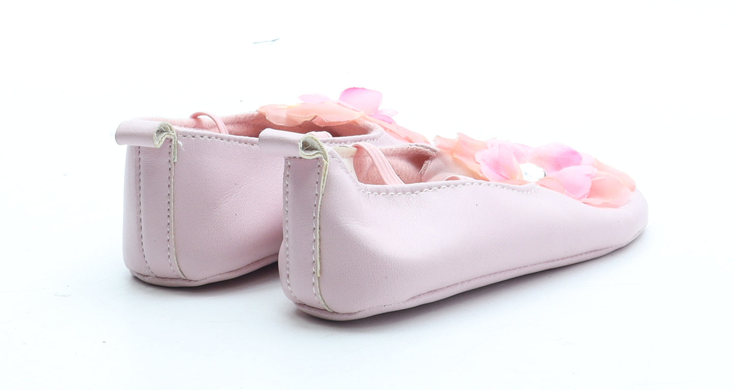 Preworn Girls Pink Polyester Mary Jane Flat UK 6-12 Months - Flower Detail