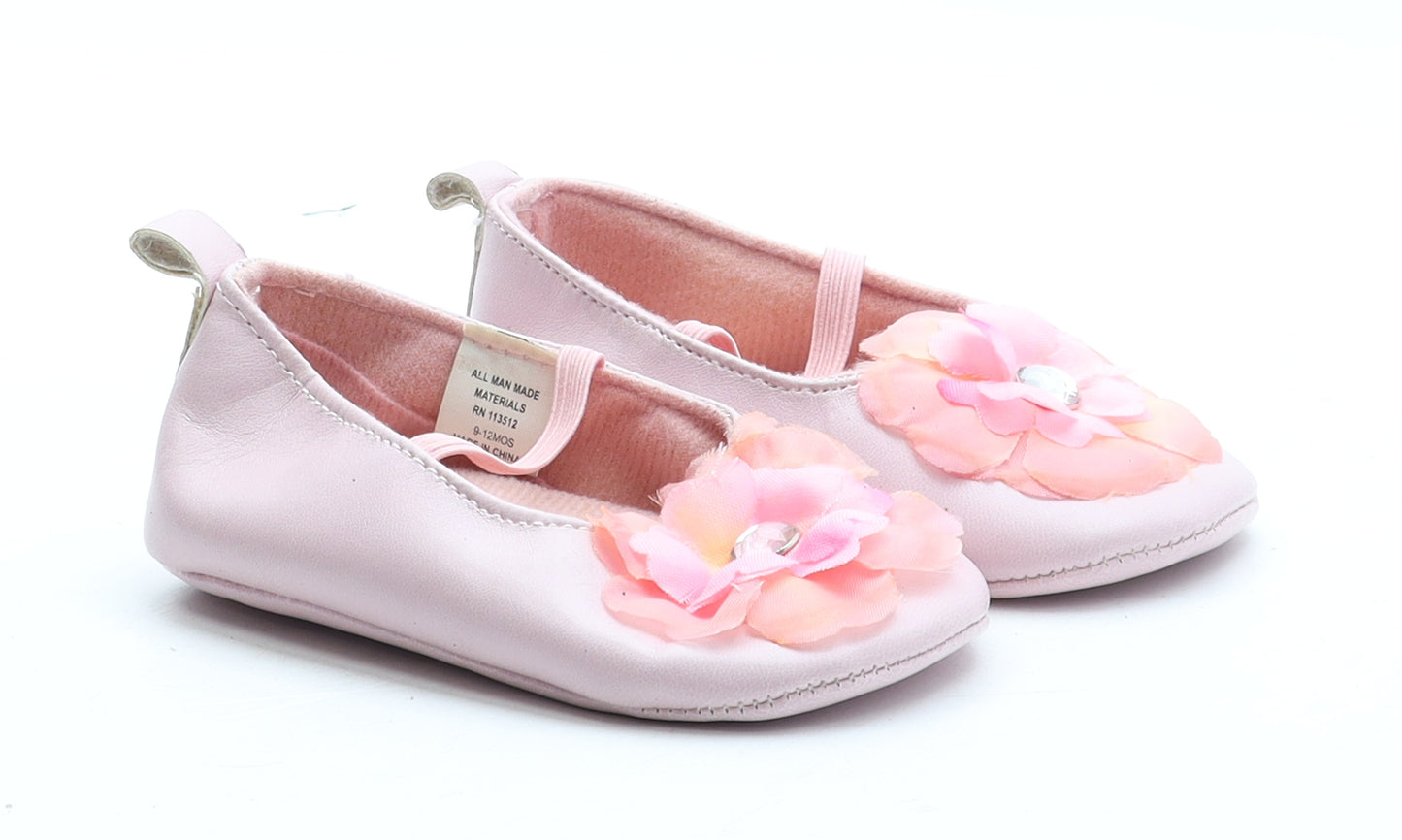 Preworn Girls Pink Polyester Mary Jane Flat UK 6-12 Months - Flower Detail