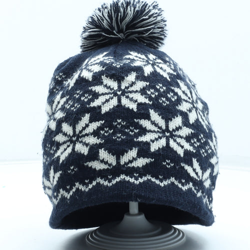Preworn Mens Blue Fair Isle Acrylic Beanie One Size - Pom Pom Detail