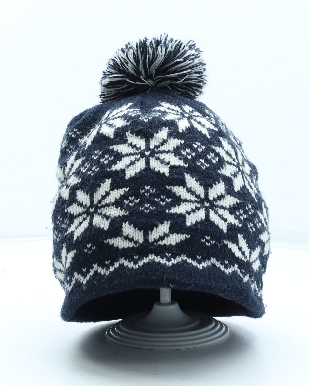 Preworn Mens Blue Fair Isle Acrylic Beanie One Size - Pom Pom Detail
