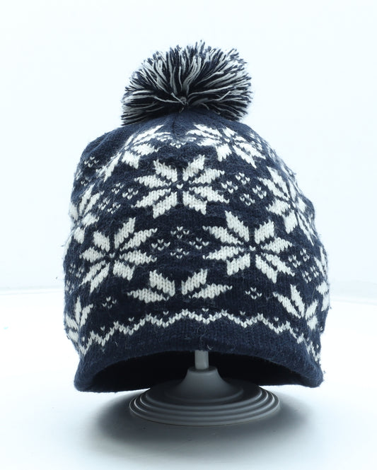 Preworn Mens Blue Fair Isle Acrylic Beanie One Size - Pom Pom Detail