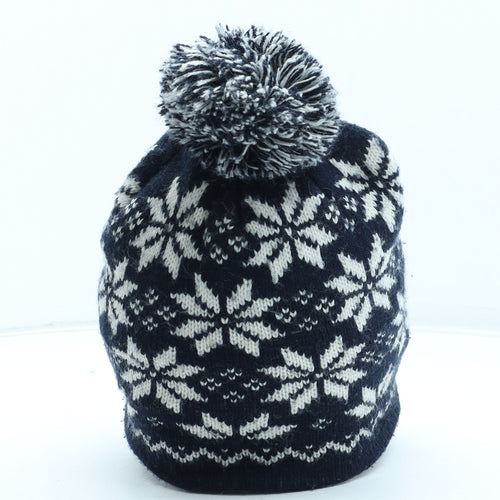 Preworn Mens Blue Fair Isle Acrylic Beanie One Size - Pom Pom Detail