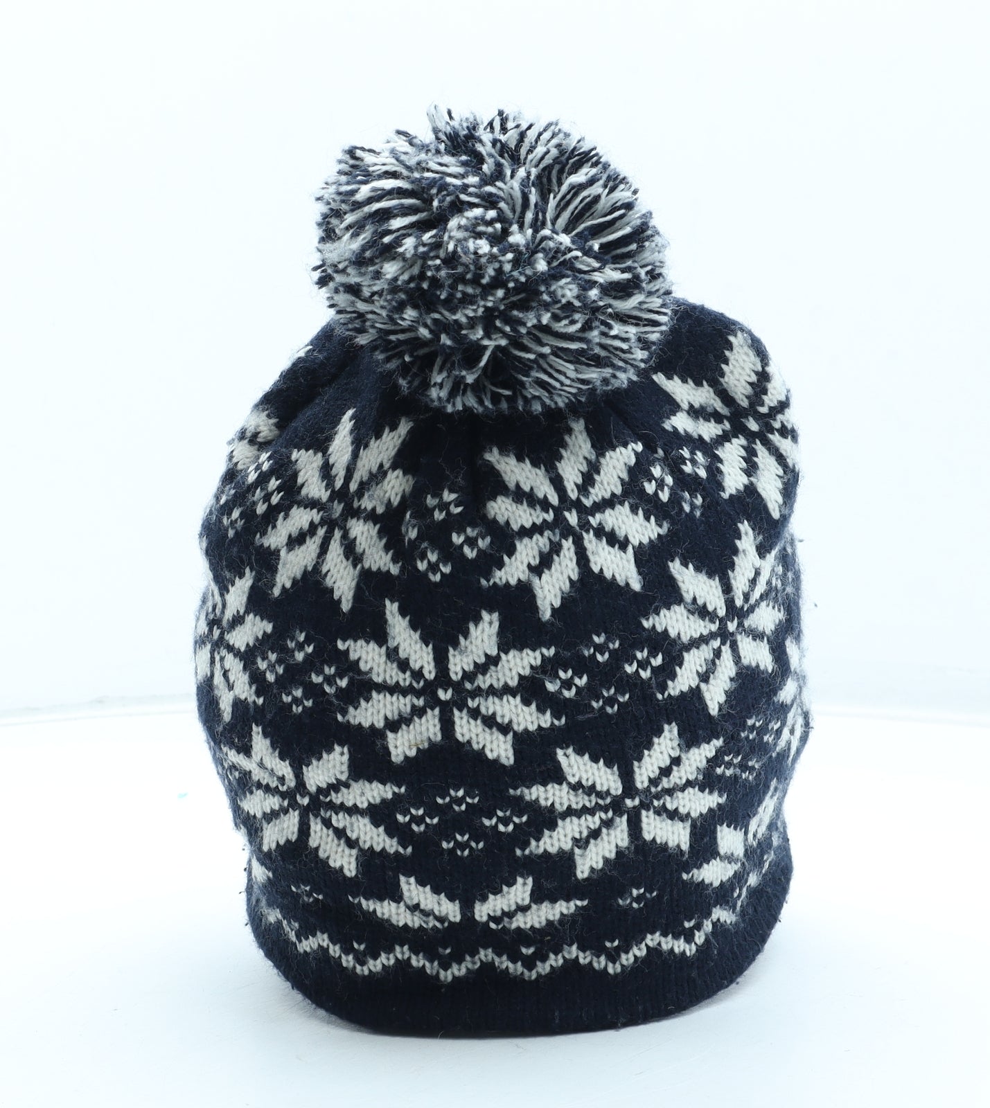 Preworn Mens Blue Fair Isle Acrylic Beanie One Size - Pom Pom Detail