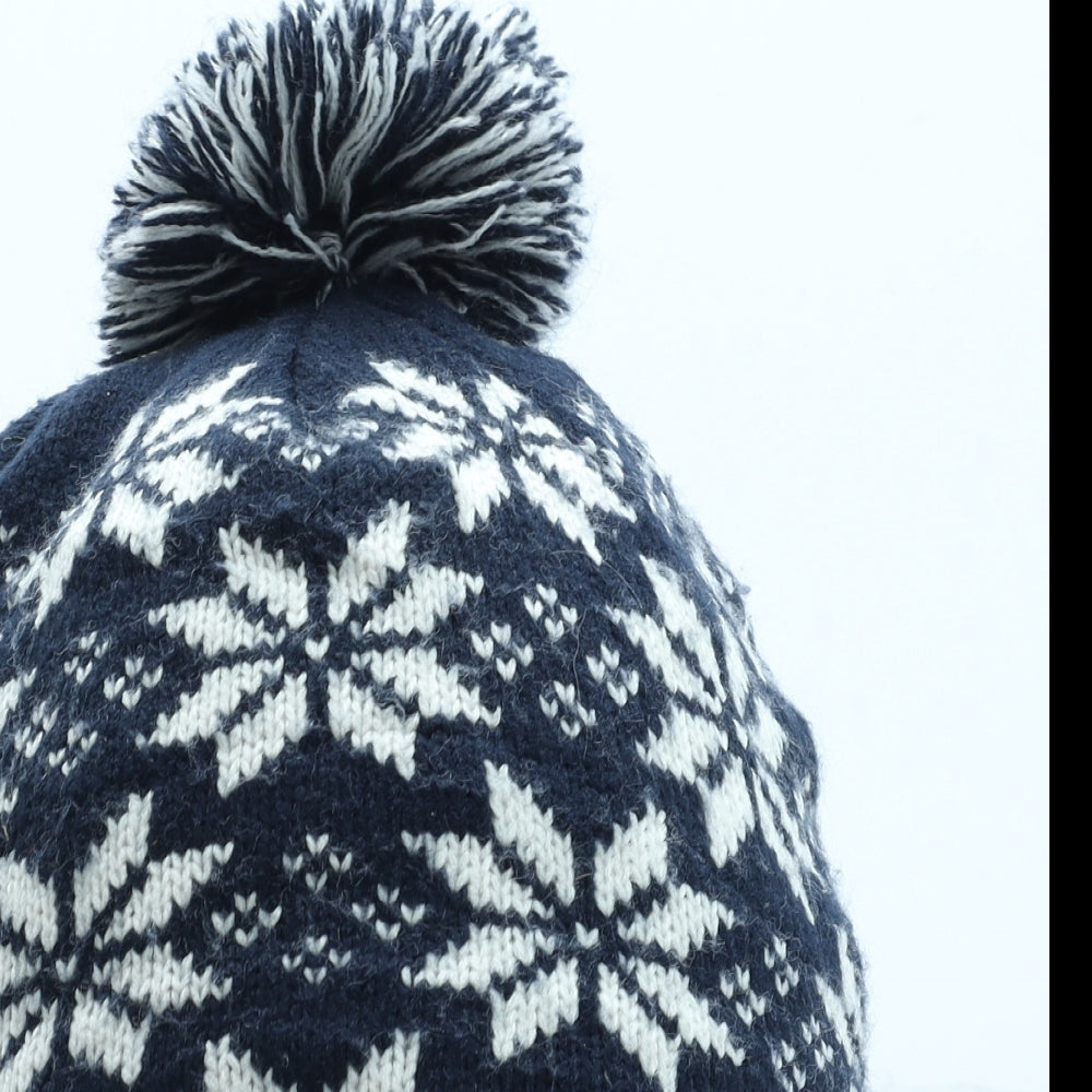 Preworn Mens Blue Fair Isle Acrylic Beanie One Size - Pom Pom Detail