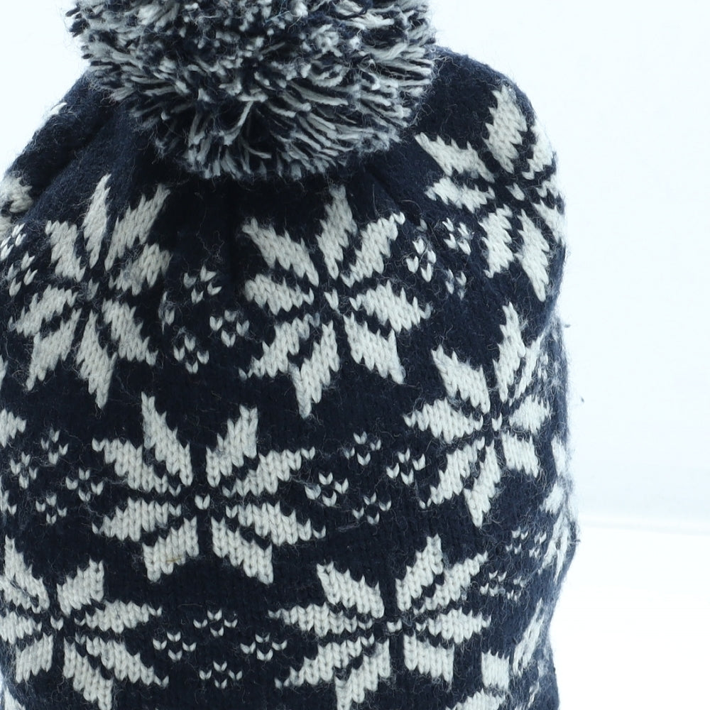 Preworn Mens Blue Fair Isle Acrylic Beanie One Size - Pom Pom Detail