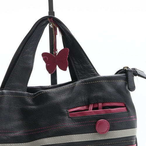 Preworn Womens Black Striped Polyurethane Top Handle Bag Size Medium - Butterfly Detail