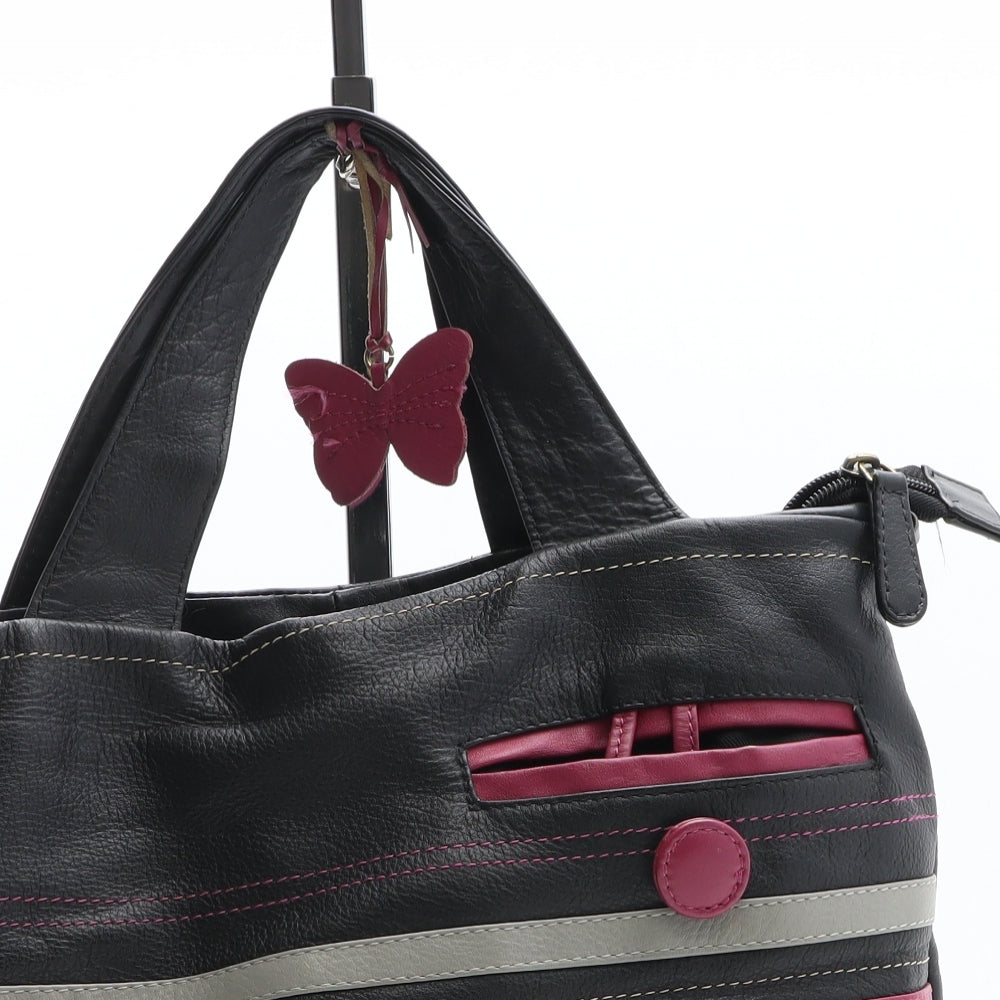 Preworn Womens Black Striped Polyurethane Top Handle Bag Size Medium - Butterfly Detail