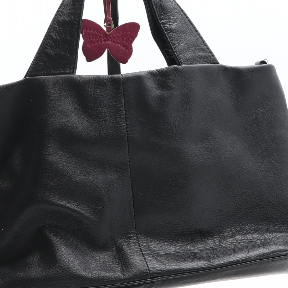 Preworn Womens Black Striped Polyurethane Top Handle Bag Size Medium - Butterfly Detail