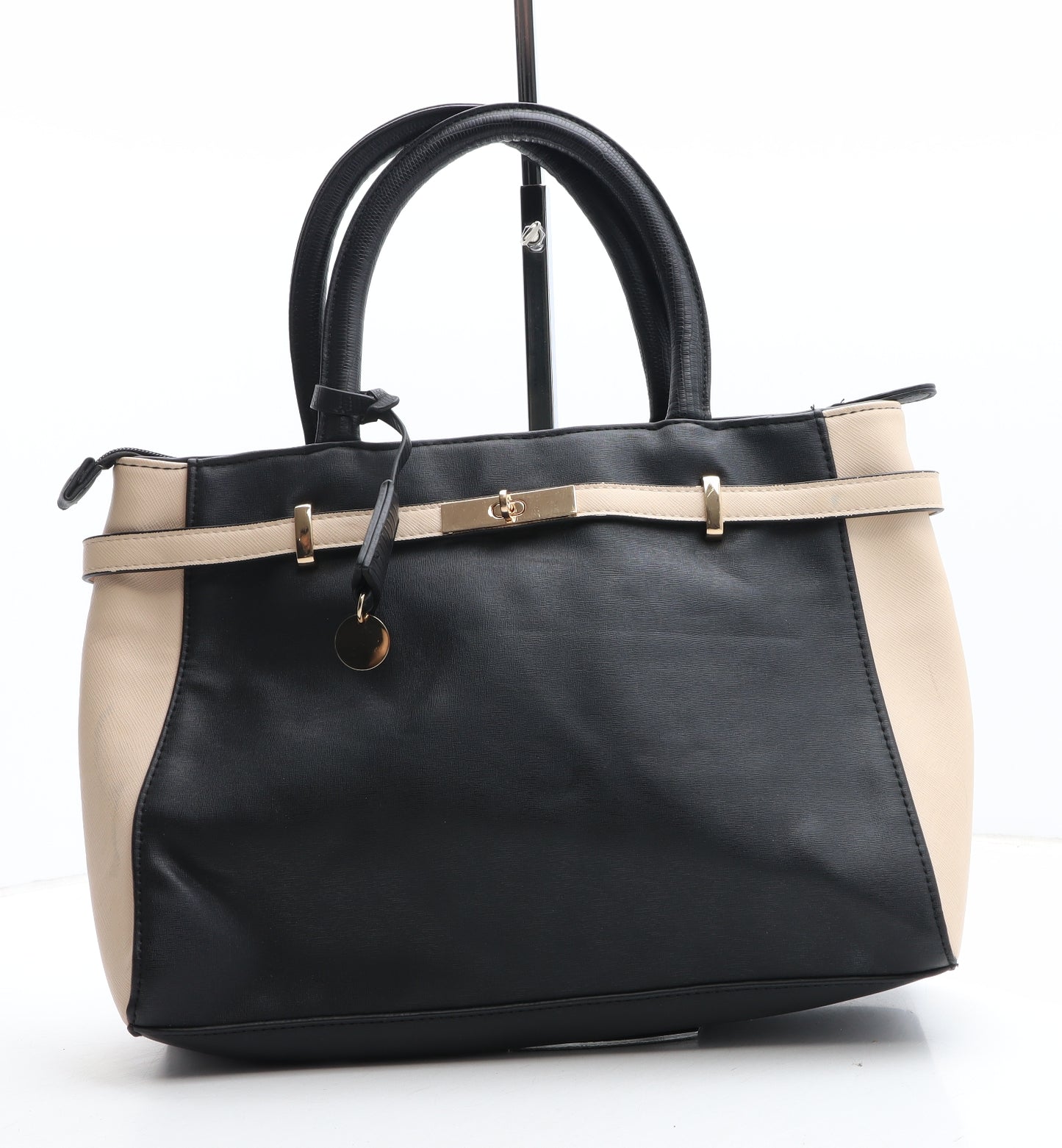 Preworn Womens Black Striped Polyurethane Top Handle Bag Size Medium