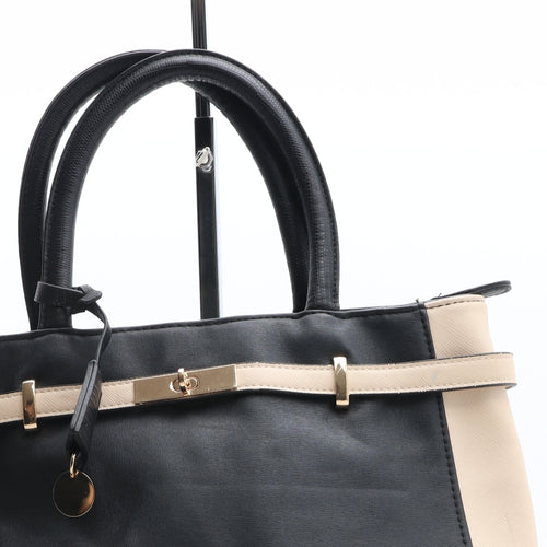 Preworn Womens Black Striped Polyurethane Top Handle Bag Size Medium