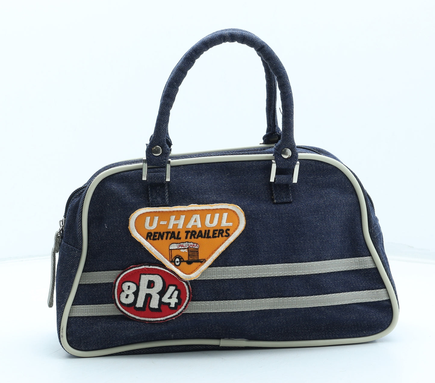 Preworn Womens Blue Striped Polyester Top Handle Bag Size Small