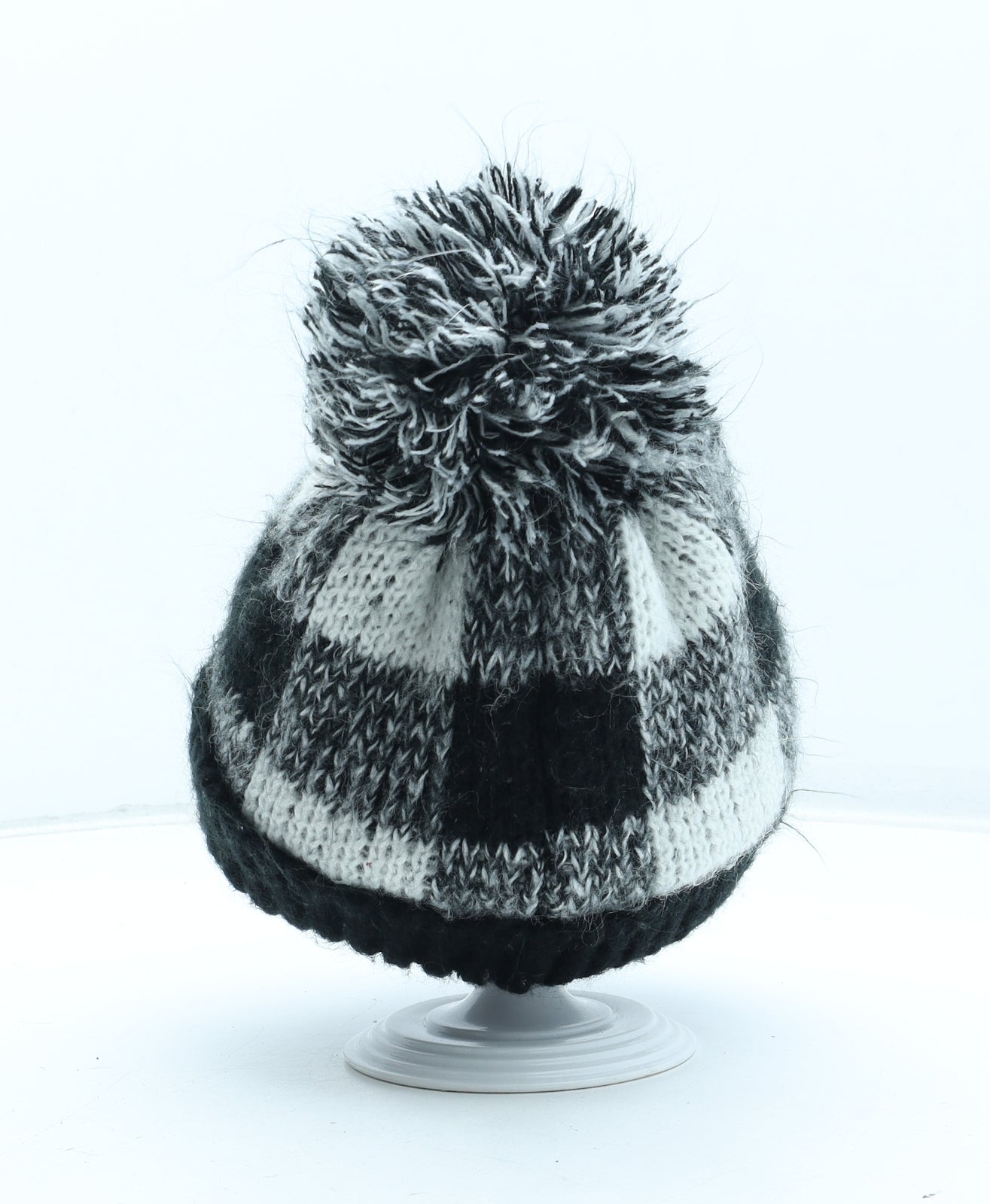 Preworn Womens Black Check Acrylic Bobble Hat One Size