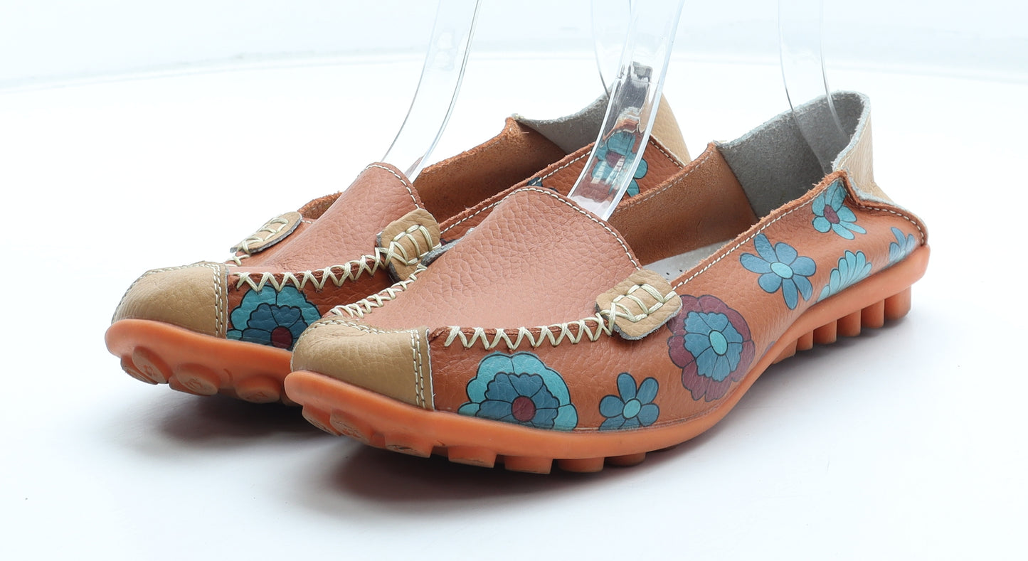 Preworn Womens Orange Floral Leather Flat UK