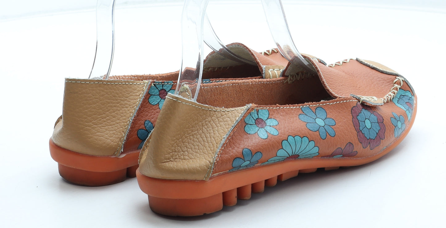 Preworn Womens Orange Floral Leather Flat UK