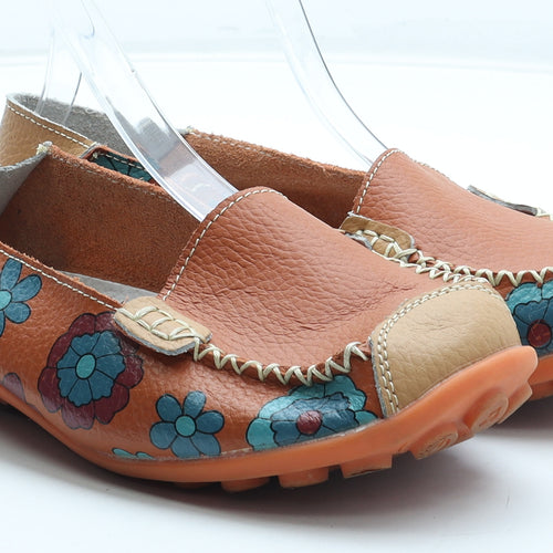 Preworn Womens Orange Floral Leather Flat UK