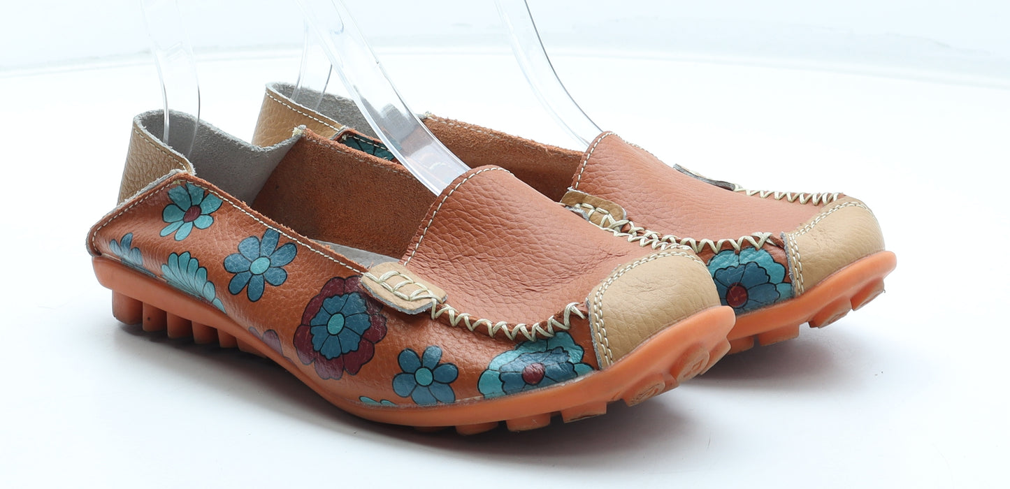 Preworn Womens Orange Floral Leather Flat UK