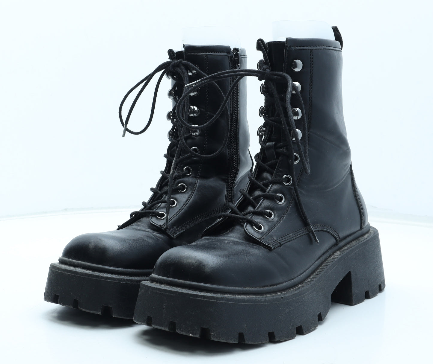 PRETTYLITTLETHING Womens Black Polyurethane Biker Boot UK