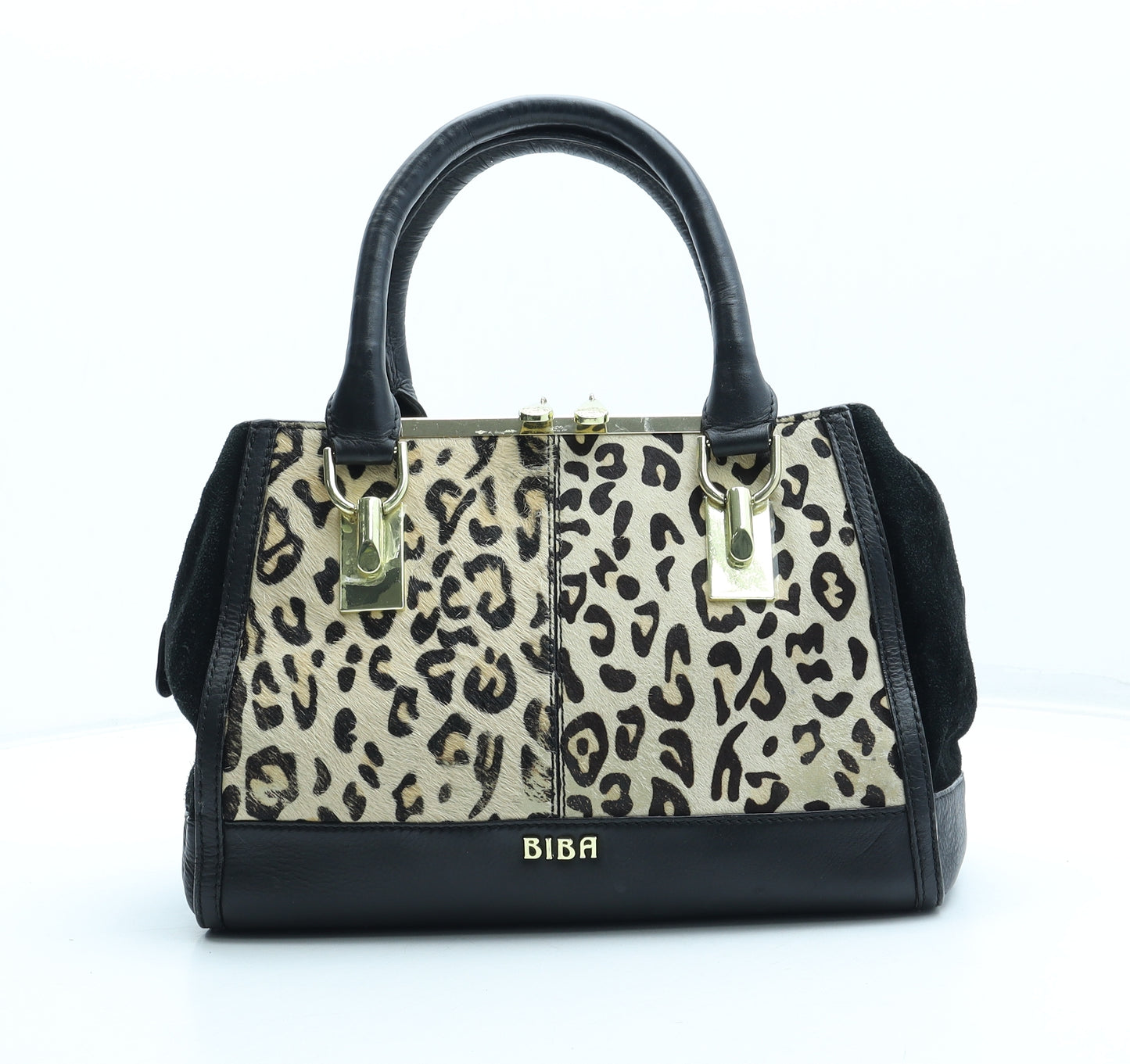 BiBA Womens Black Animal Print Leather Top Handle Bag Size Medium - Leopard Pattern
