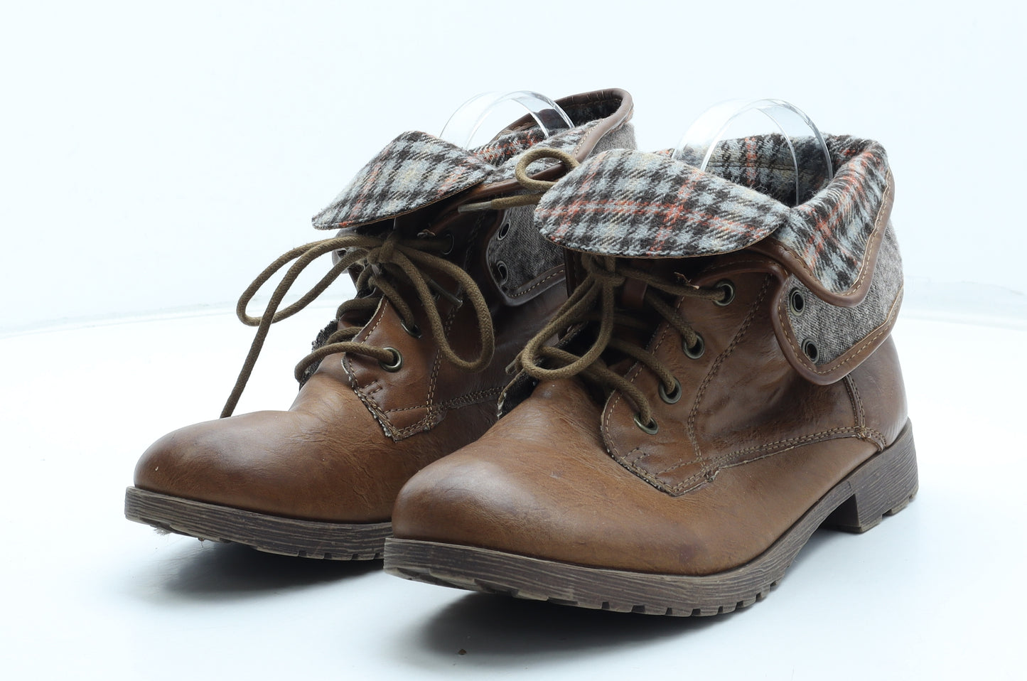 New Look Womens Brown Plaid Polyurethane Biker Boot UK