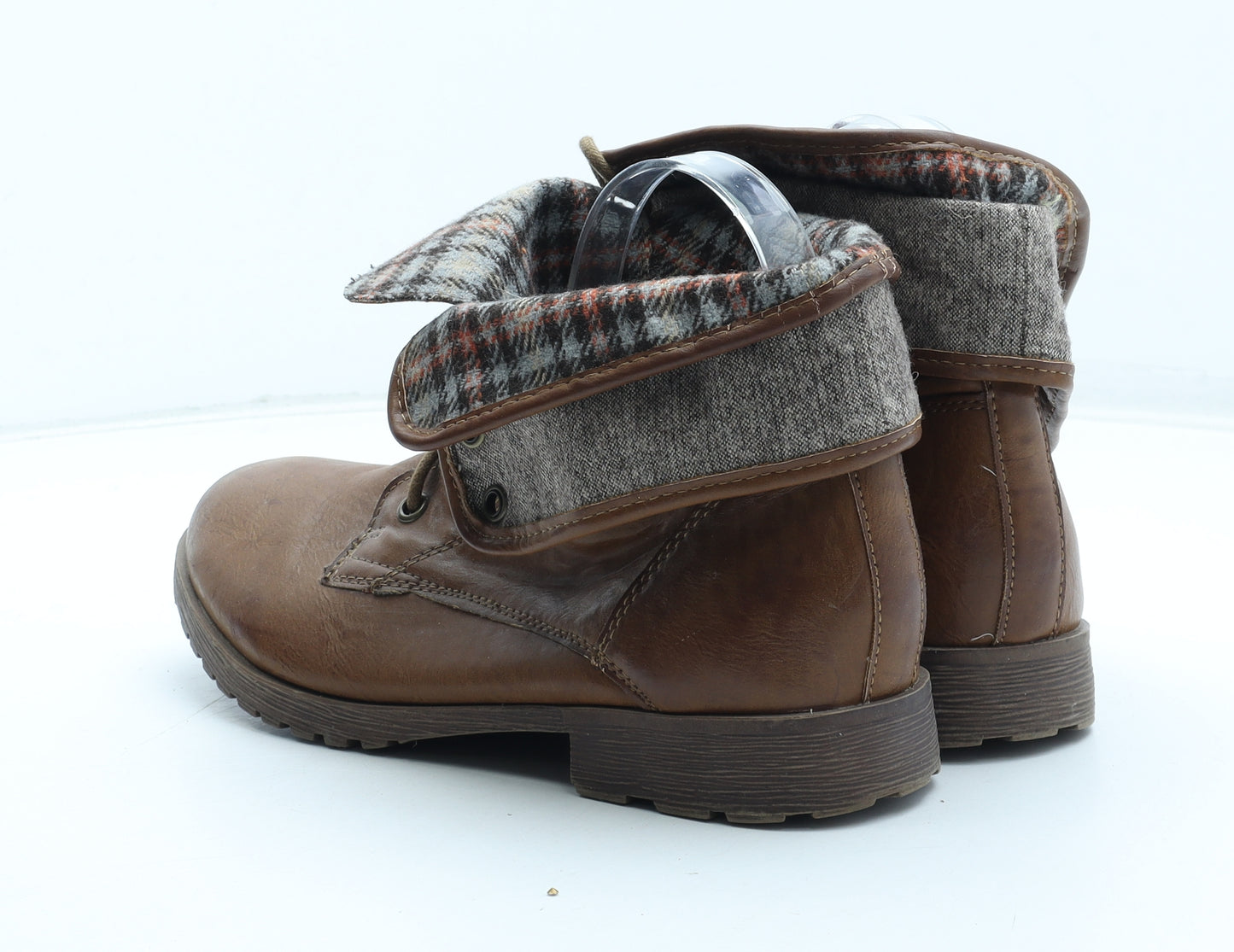 New Look Womens Brown Plaid Polyurethane Biker Boot UK