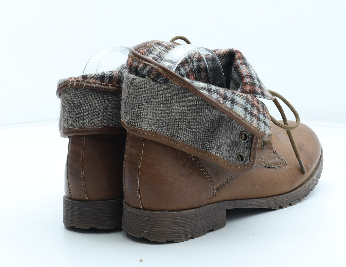 New Look Womens Brown Plaid Polyurethane Biker Boot UK