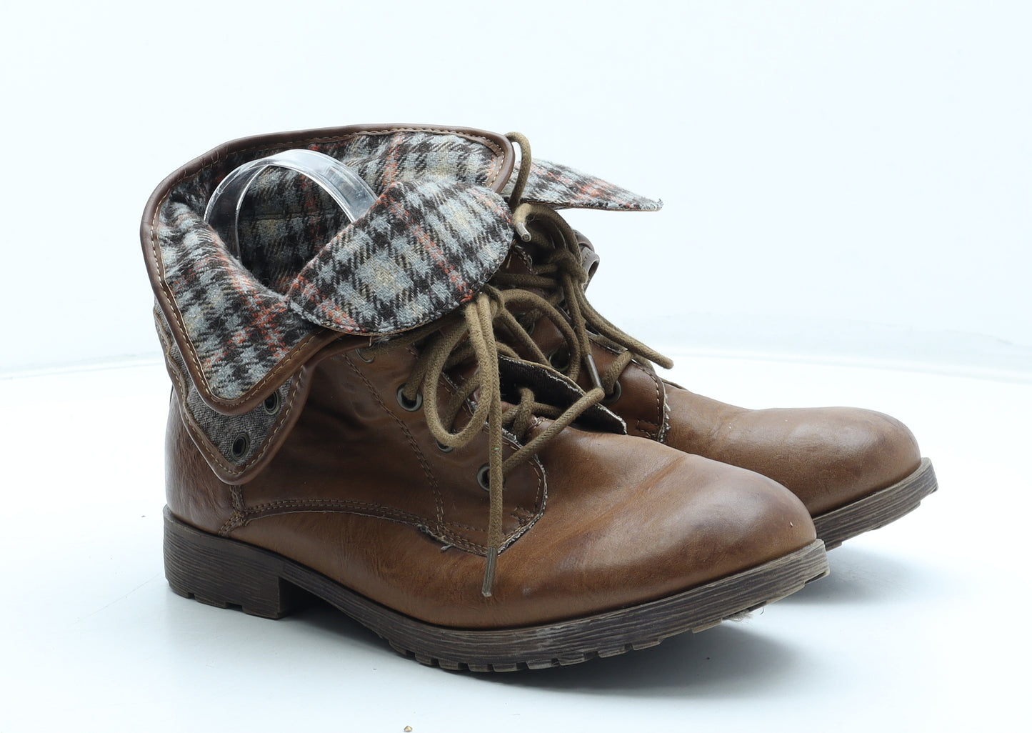 New Look Womens Brown Plaid Polyurethane Biker Boot UK
