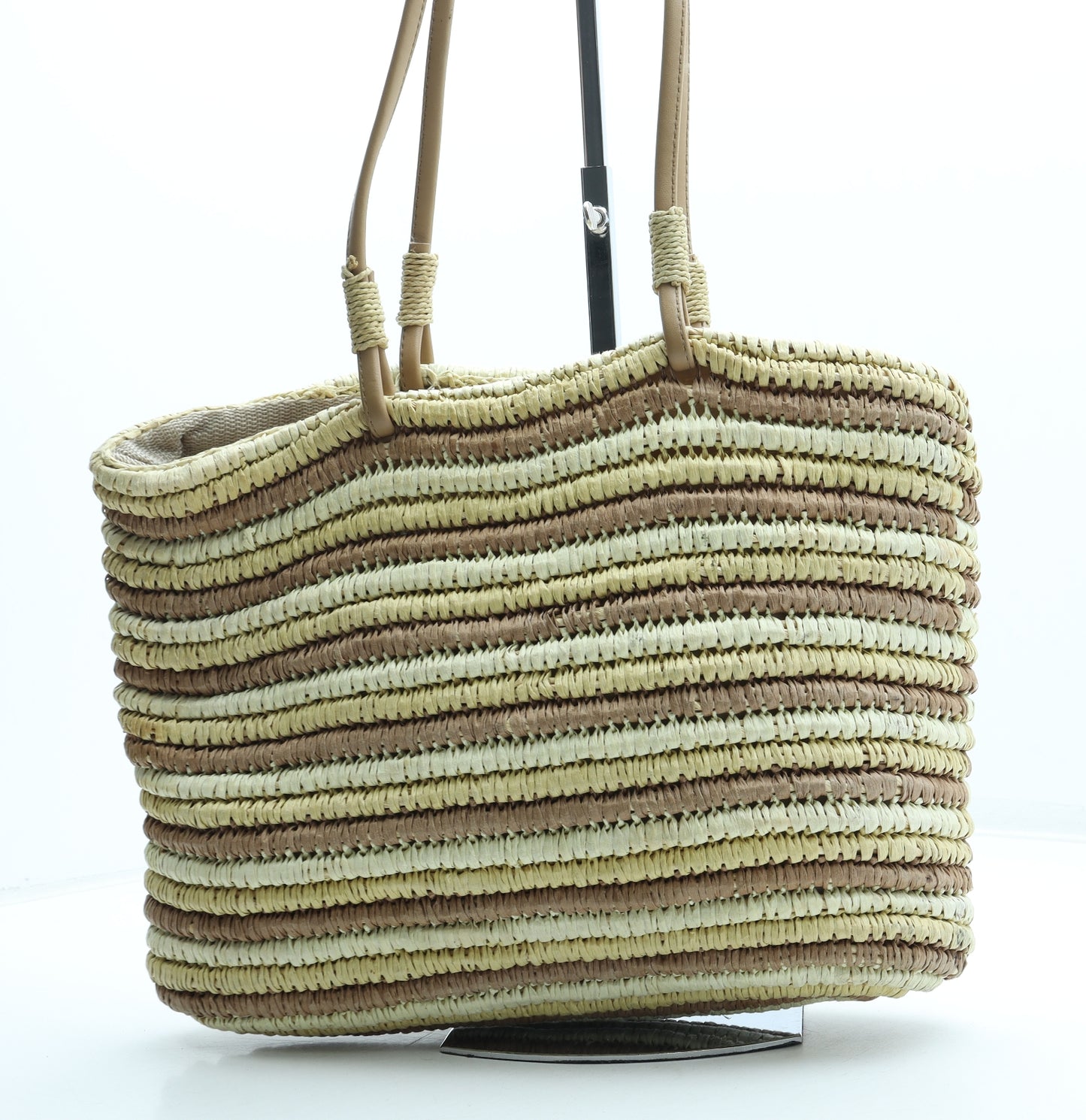 Preworn Womens Beige Striped Straw Top Handle Bag Size Medium