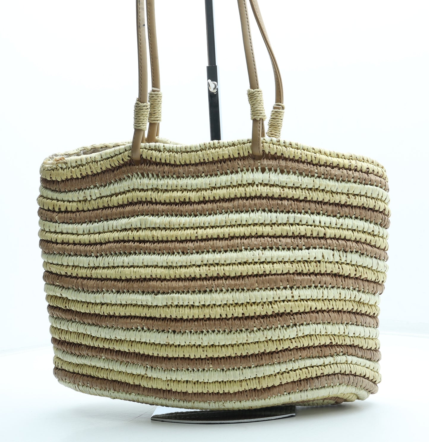 Preworn Womens Beige Striped Straw Top Handle Bag Size Medium