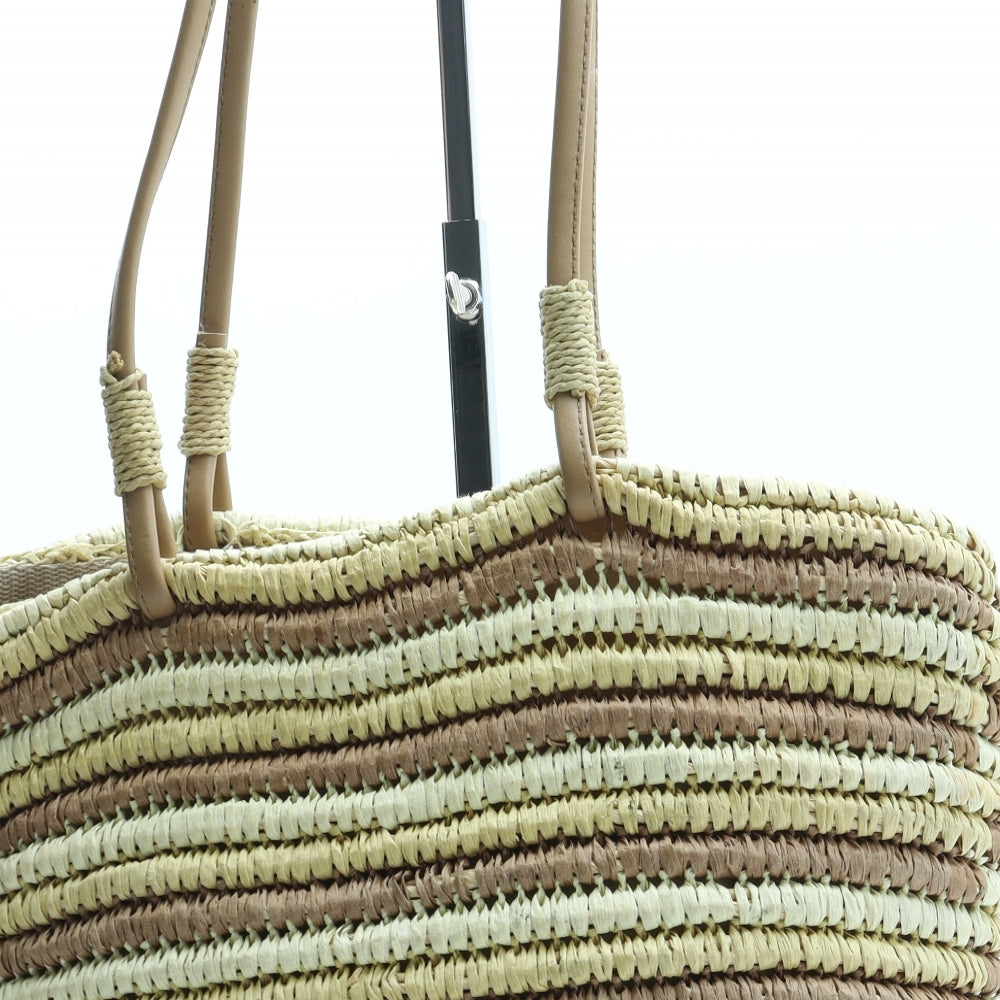 Preworn Womens Beige Striped Straw Top Handle Bag Size Medium