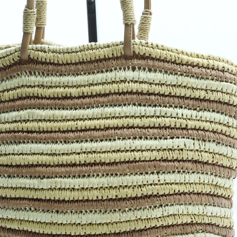 Preworn Womens Beige Striped Straw Top Handle Bag Size Medium