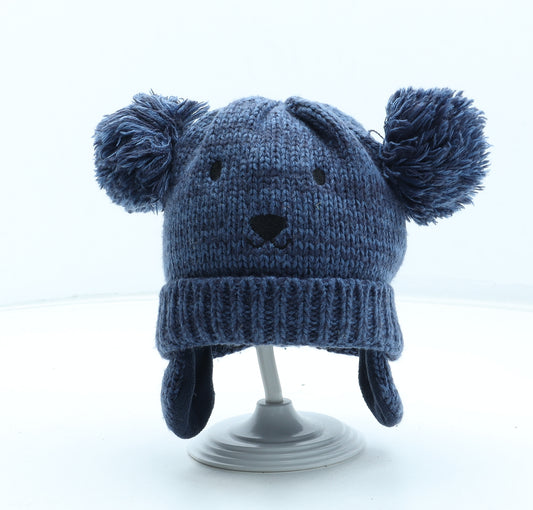 F&F Boys Blue Acrylic Bobble Hat Size S - Bear Detail Size 6-12 Months