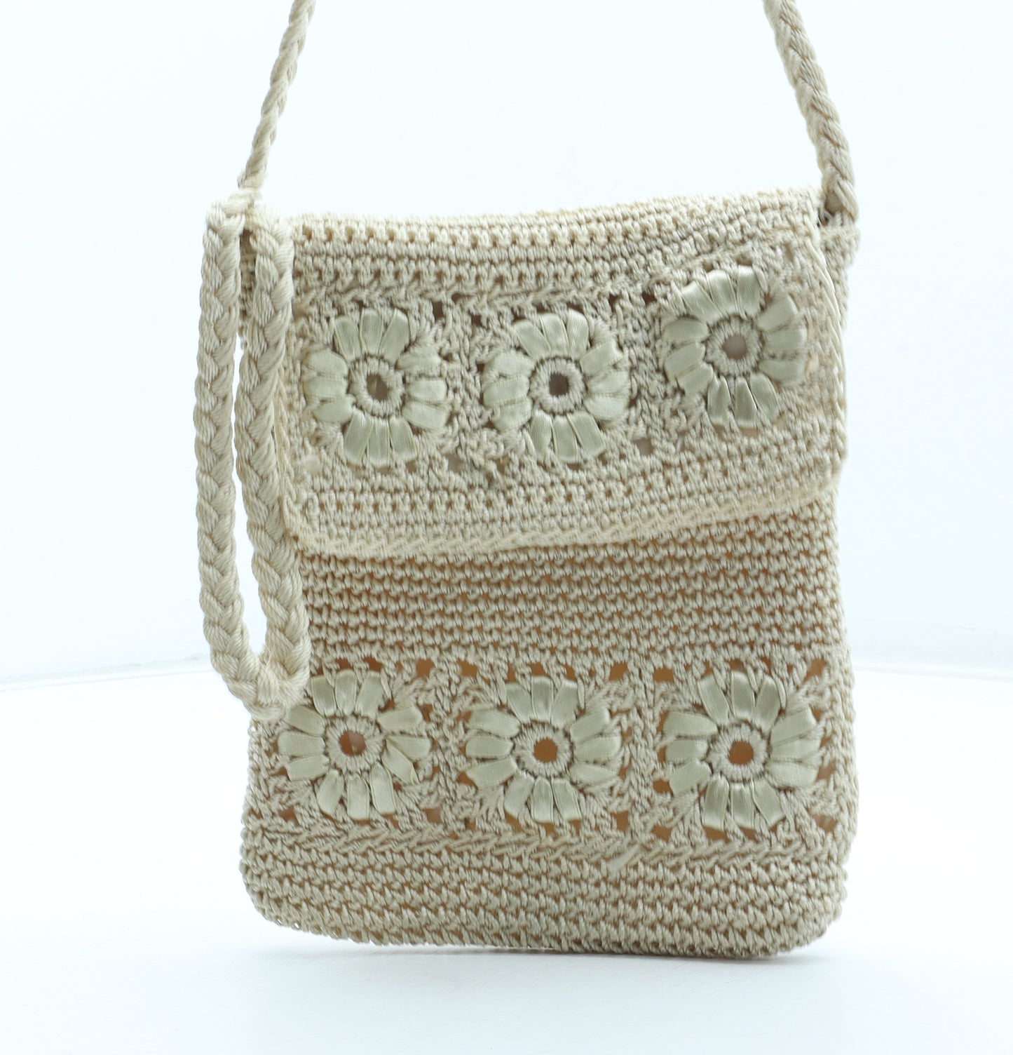 Preworn Womens Beige Floral Nylon Shoulder Bag Size Small