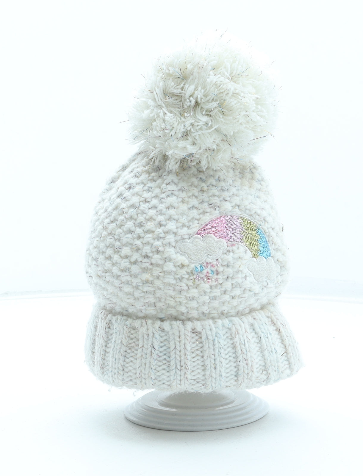 George Girls White Acrylic Bobble Hat Size S